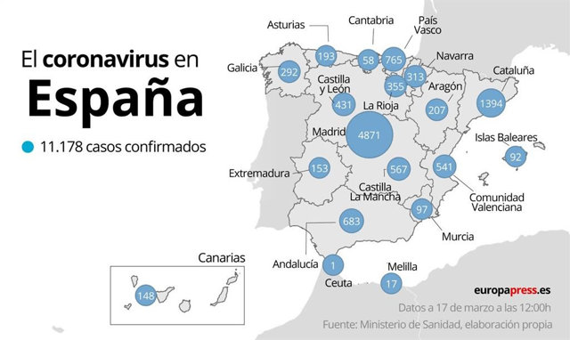 Mapa de casos de coronavirus en España