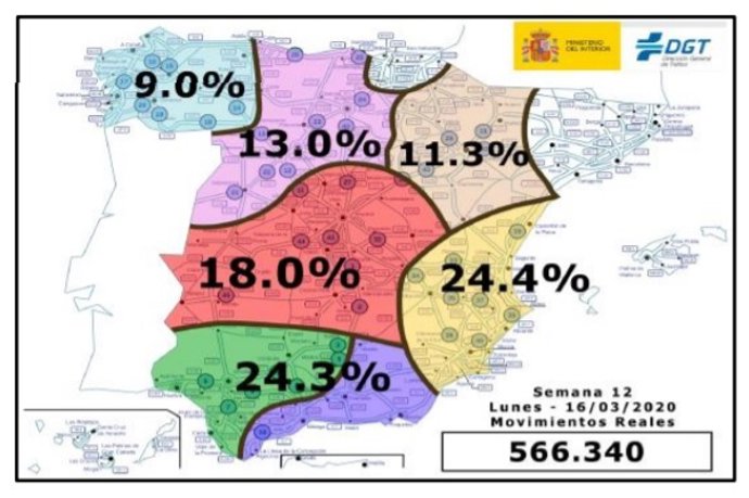 Mapa con la distribución de los movimientos de largo recorrido durante el lunes 16 de marzo, primer día laborable bajo el Estado de Alarma en España