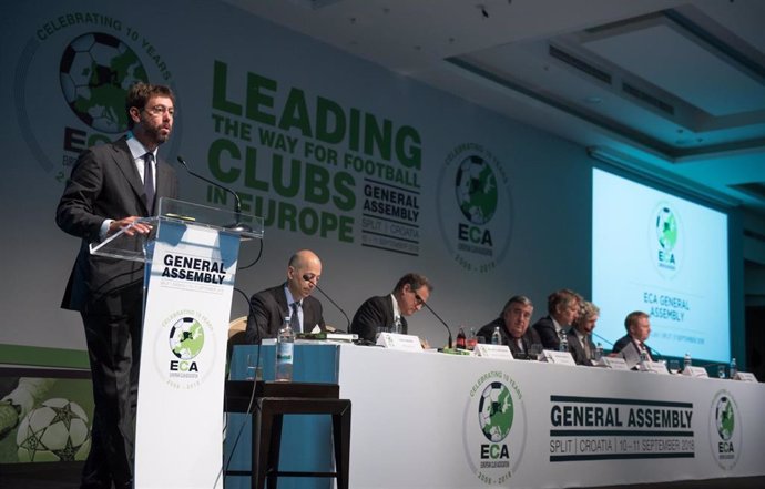 Andrea Agnelli durante una Asamblea de la ECA