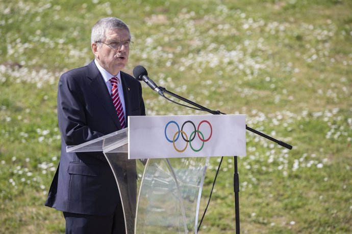 El president del COI, Thomas Bach, durant el discurs d'encesa de la flama olímpica de Tquio 2020