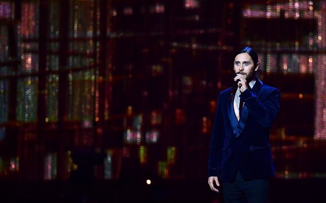 20 February 2019, England, London: US actor Jared Leto speaks on stage during the 39th Brit Awards at the O2 Arena. Photo: Victoria Jones/PA Wire/dpa