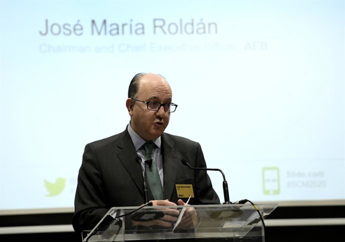 El presidente de AEB (Asociación Española de Banca), José María Roldán, durante su intervención en la inauguración de la jornada 'Spanish Capital Markets Conference' organizada por Afme y AEB, en Madrid (España), a 13 de febrero de 2020.