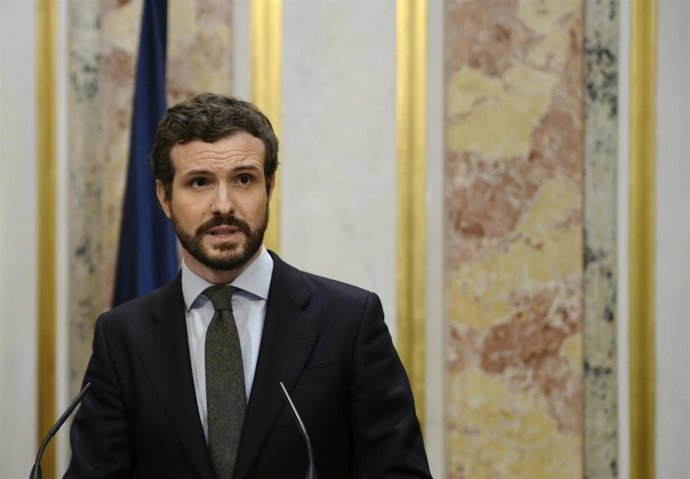 El presidente del Partido Popular, Pablo Casado, comparece en  el Congreso después de votar la senda de déficit. Madrid (España), a 27 de febrero de 2020.