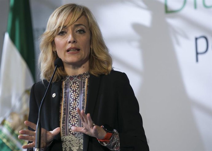 La presidenta de UGT-A, Carmen Castilla, interviene tras la reunición de la Mesa de Diálogo Social junto al Gobierno andaluz, CEA y CCOO-A.  En el Palacio de San Telmo, Sevilla, a 08 de enero de 2020.