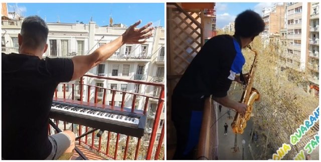 Dos músicos de Barcelona se unieron en un improvisado concierto para amenizar a los vecinos en sus confinamientos
