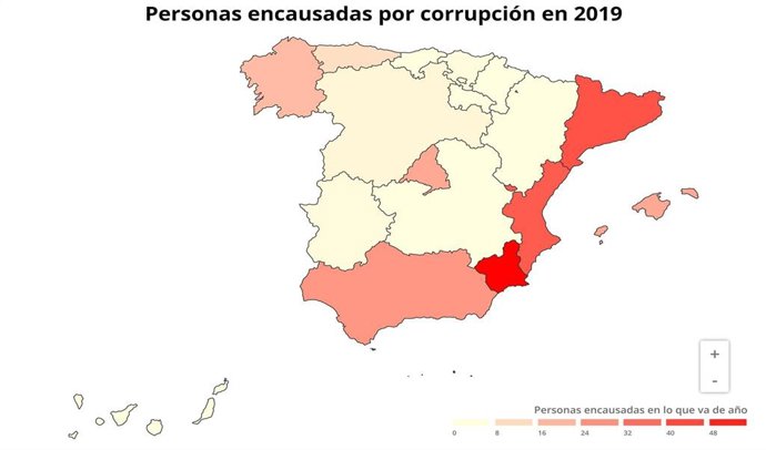 Número de personas encausadas por corrupción en España, comunidad a comunidad