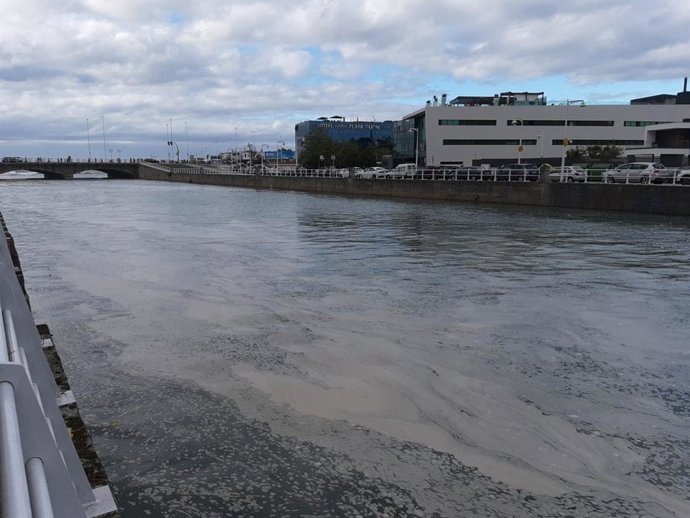 El río Piles, en Gijón, lleno de espuma cerca de la desembocadura en la Playa de San Lorenzo este verano