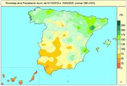 Distribución de las lluvias acumuladas en España desde el 1 de octubre de 2019 hasta el 15 de marzo de 2020.