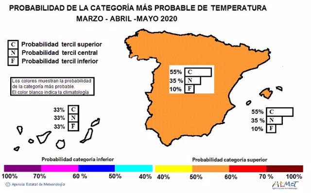 Mapa elaborado por la Aemet sobre la previsión de la primavera 2020 para Castilla y León
