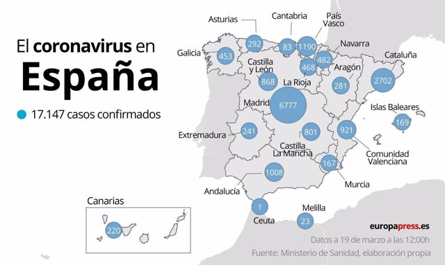 Mapa con la evolución de casos de coronavirus en España a 19 de marzo de 2020
