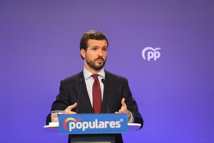 El presidente del Partido Popular, Pablo Casado, interviene en una rueda de prensa en la sede del PP. Madrid (España), a 9 de marzo de 2020.