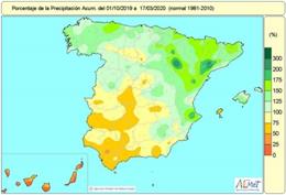 Balance hídrico. Distribución de las lluvias acumuladas en España entre el 1 de octubre de 2019 hasta el 17 de marzo de 2020