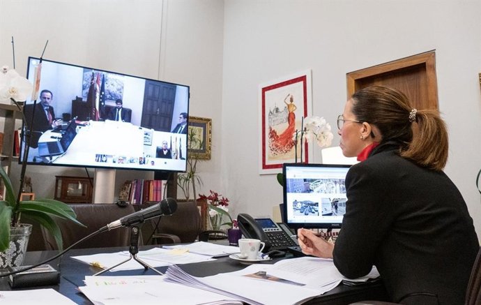 La alcaldesa de Cartagena, Ana Belén Castejón, en la reunión telemática con el presidente de la Comunidad, Fernando López Miras, y el resto de alcaldes de la Región de Murcia