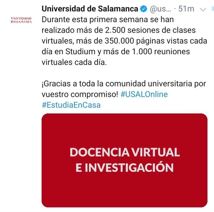 Publicación de la USAL en Twitter sobre clases virtuales.