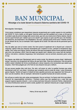 Bando municipal dictado por el alcalde de Palma, José Hila.