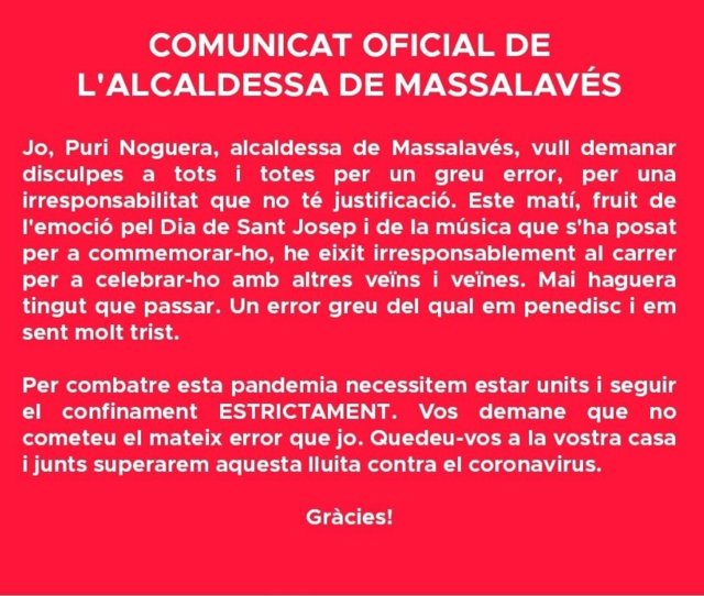 Comunicado vía redes sociales de la alcaldesa de Massalavés