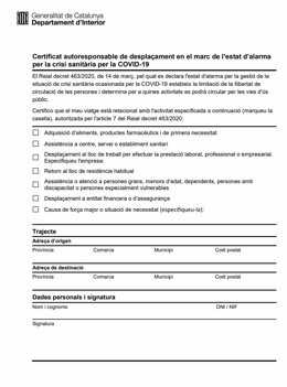 Certificado autorresponsable' creado por el Govern para desplazamientos durante el confinamiento.