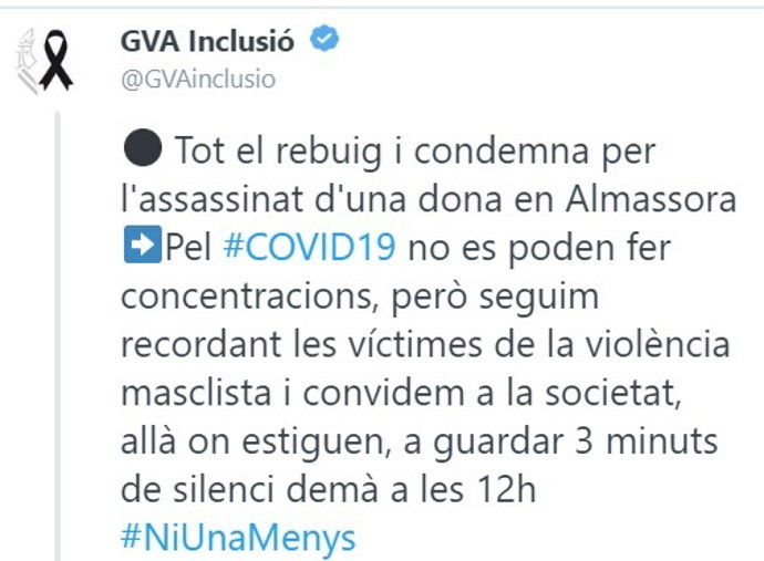 La Generalitat condena el asesinato machista de Almassora y llama a guardar tres minutos de silencio