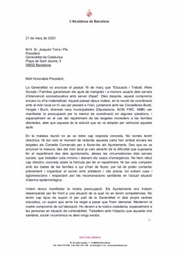 Carta de l'Ajuntament de Barcelona i altres 49 ajuntaments catalans al president de la Generalitat, Quim Torra, per demanar coordinació sobre les beques menjador davant el coronavirus: enviada el 21 de mar de 2020