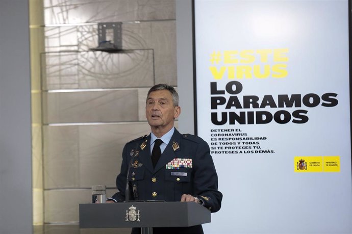 El jefe del Estado Mayor de la Defensa, Miguel Ángel Villarroya, interviene en la comparecencia del 19 de marzo de 2020.