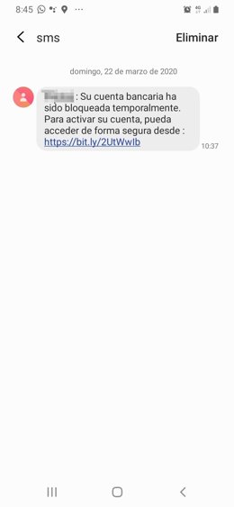Mensaje SMS utilizado para obtener fraudulentamente datos bancarios de ciudadanos.