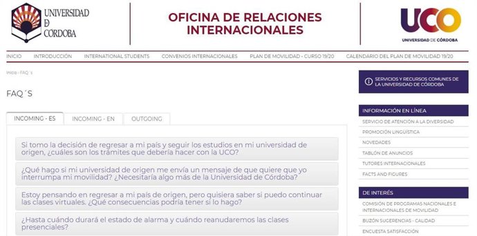Espacio web creado por la UCO para resolver dudas a los estudiantes internacionales por el Covid-19.