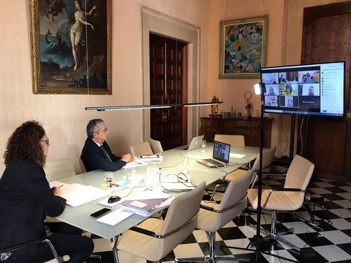 La presidenta del Consell de Mallorca en una reunión telemática con los portavoces de las formaciones con representación en la Cámara.