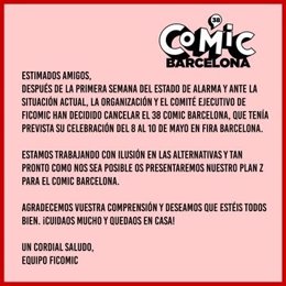 Anuncio de cancelación de Comic Barcelona