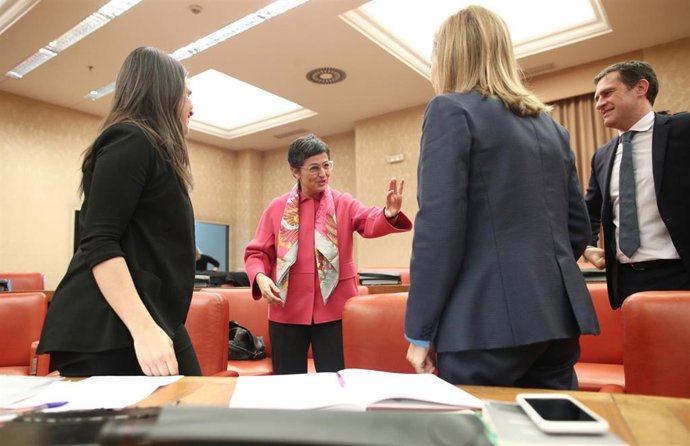 La ministra de Asuntos Exteriores, Unión Europea y Cooperación, Arancha González Laya (centro), en la reunión de la Comisión de Asuntos Exteriores en el Congreso, para informar sobre los objetivos de su ministerio, en Madrid (España), a 20 de febrero.
