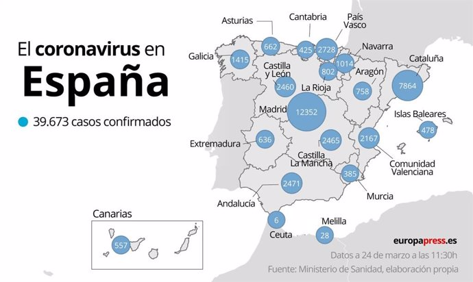 Mapa con casos de coronavirus en España a 24 de marzo a las 11:30