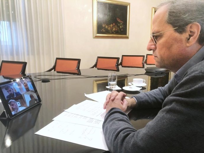 El presidente de la Generalitat, Quim Torra en la reunión por videoconferencia con los grupos parlamentarios por el coronavirus