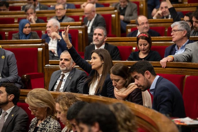 Los diputados de Ciudadanos Carlos Carrizosa (1i); y la portavoz, Lorena Roldán (2i), durante la votación en un Pleno del Parlament de Catalunya, en la misma jornada en la que la Mesa ha asumido la cesión de Torra como diputado, en Barcelona (España), a