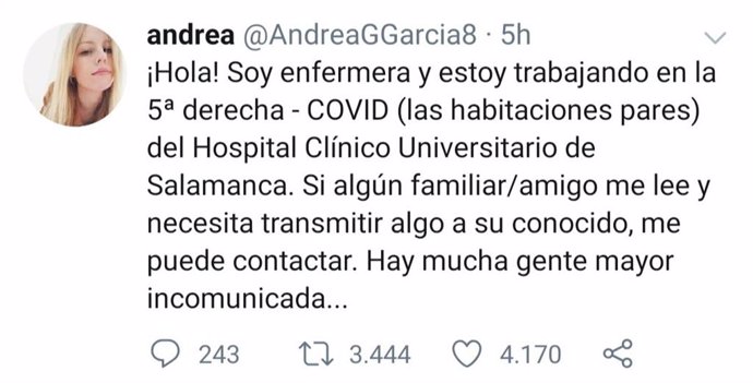 Publicación en Twitter de la enfermera @AndreaGGarcia8
