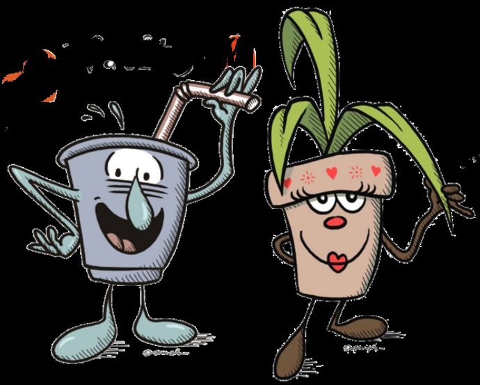 Los personajes Vasito y Macetilla.