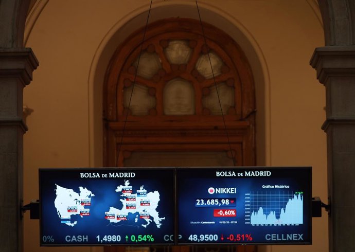 Pantallas del Ibex 35 con el gráfico de la sesión y con las variaciones de las bolsas de otros países