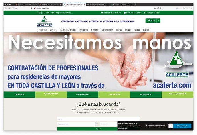 Portada de la web de Acalerte en la que se pide personal para trabajar en el sector.