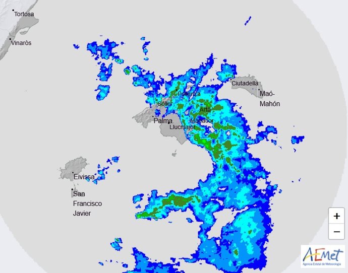 Imagen del radar de la Aemet sobre Baleares.