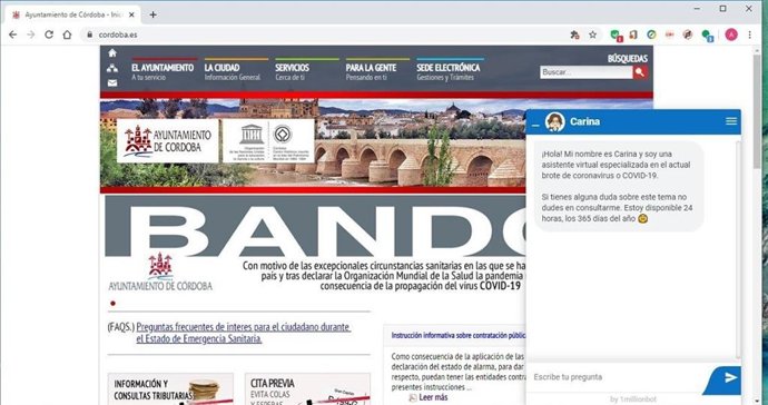Web del Ayuntamiento de Córdoba con el 'chatbot'.