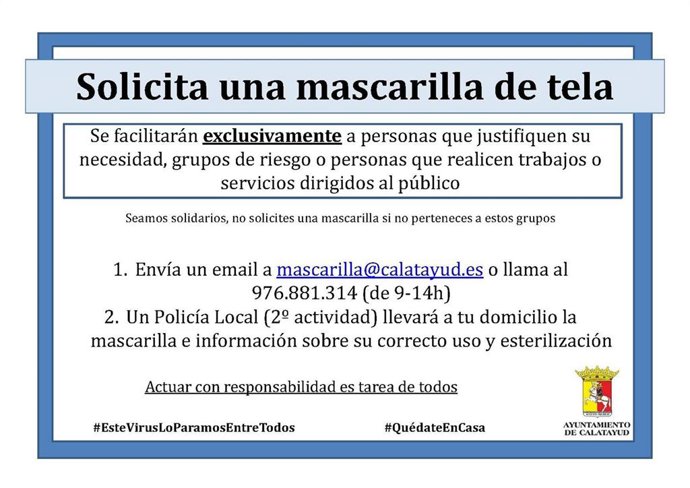 El Ayuntamiento de Calatayud reparte mascarillas de tela a grupos de riesgo.