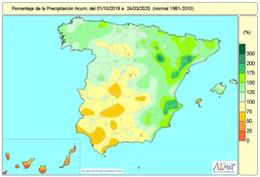 Distribución de las lluvias acumuladas en España desde el 1 de octubre de 2019 hasta el 24 de marzo de 2020.
