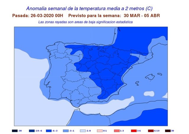 Mapa facilitado por la Aemet sobre la previsión de temperaturas para la semana del 30 marzo de 2020