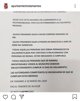 Comunicado del Ayuntamiento de Tamames difundido por el consistorio en redes sociales.