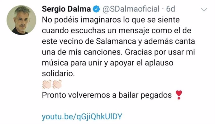 Captura del mensaje en Twitter de Sergio Dalma sobre el vídeo de un salmantino.