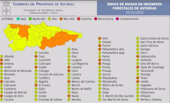 Mapa con el índice de riesgo por incendio forestal.
