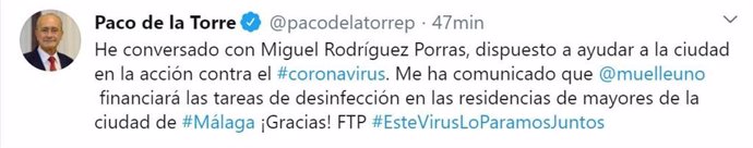 Tuit publicado por el alcalde de Málaga, Francisco de la Torre, en su cuenta