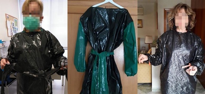 Voluntarios de la UPCT hacen batas de un solo uso para el personal del Hospital Santa Lucía con sacos de plástico y cinta adhesiva