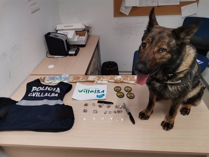 Imagen de la droga y el dinero intervenido por la Policía local de Collado Villalba, junto a una unidad canina.