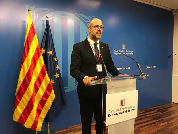 El conseller d'Interior de la Generalitat, Miquel Buch, en roda de premsa telemtica des de la seu del Departament.