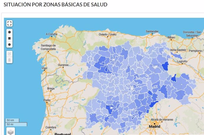 Mapa estadístico de afección por coronavirus en Datos Abiertos de la Junta de Castilla y León.