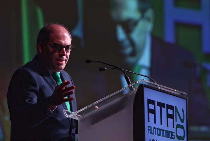 El presidente de la Asociación de Trabajadores Autónomos (ATA), Lorenzo Amor, interviene en la clausura de la Asamblea de elecciones de la Asociación de Trabajadores Autónomos, en Madrid (España), a 9 de marzo de 2020.